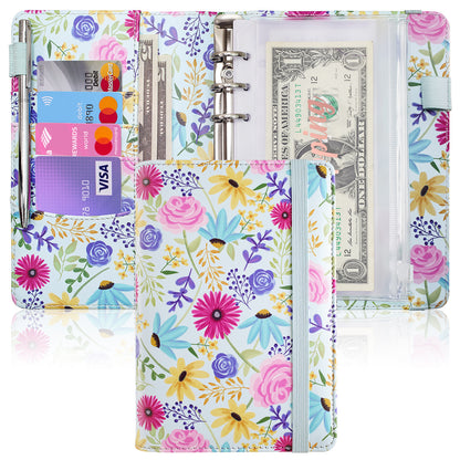 A6 Budget Binder for Money Saving Binder 8 Cash Pockets (Blue Flower)