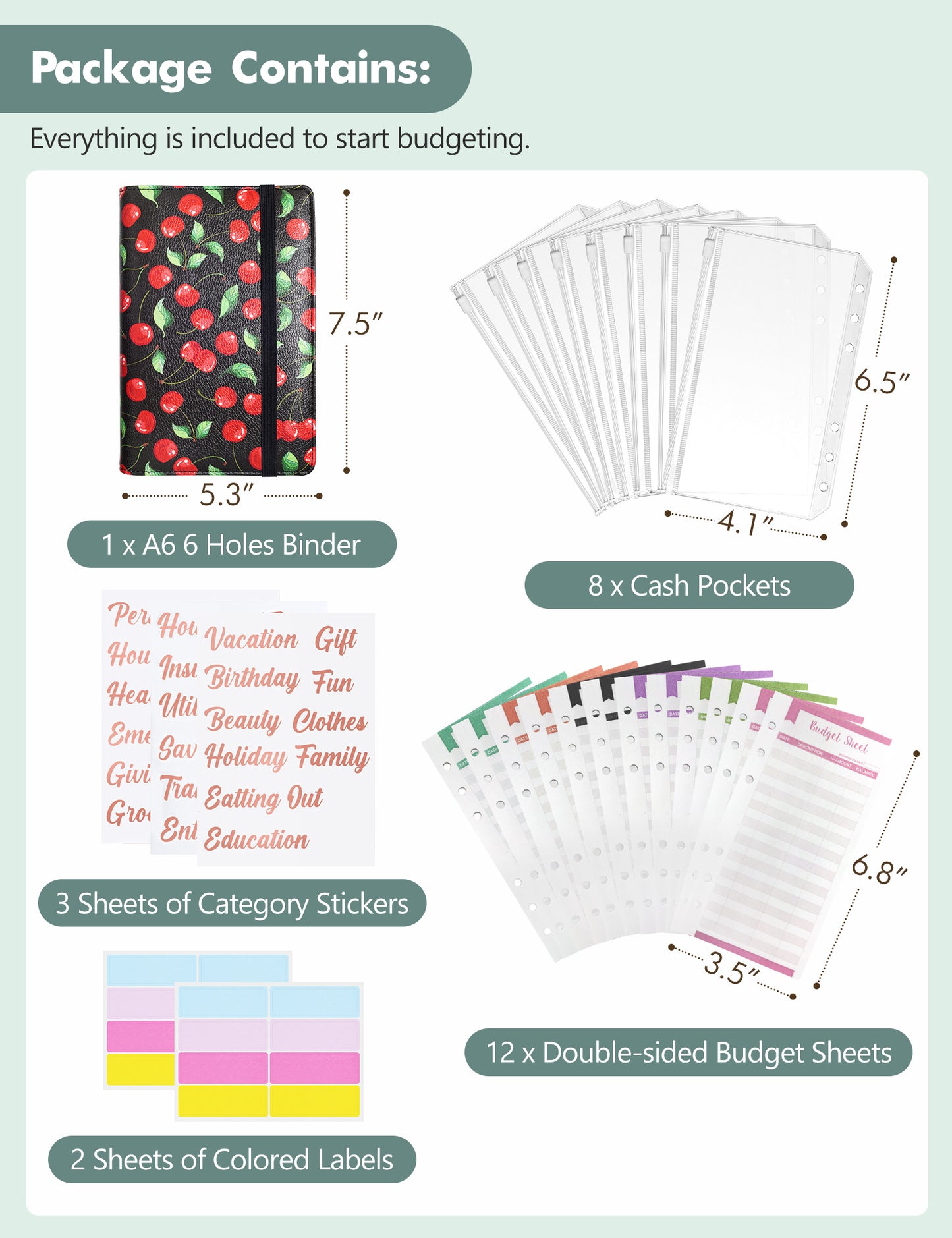 A6 Budget Binder for Money Saving Binder 8 Cash Pockets (Red Cherry)