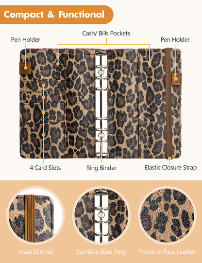 A6 Budget Binder for Money Saving Binder 8 Cash Pockets (Leopard)