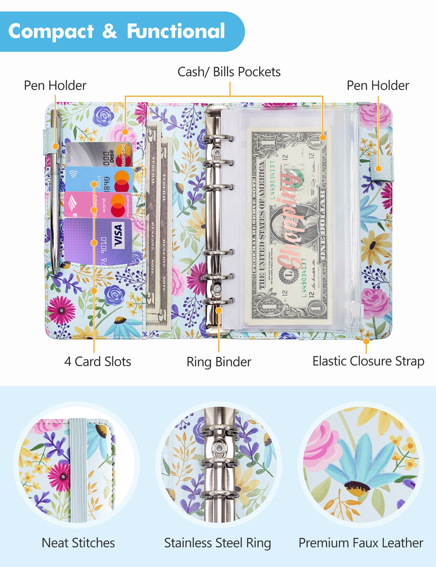 A6 Budget Binder for Money Saving Binder 8 Cash Pockets (Blue Flower)