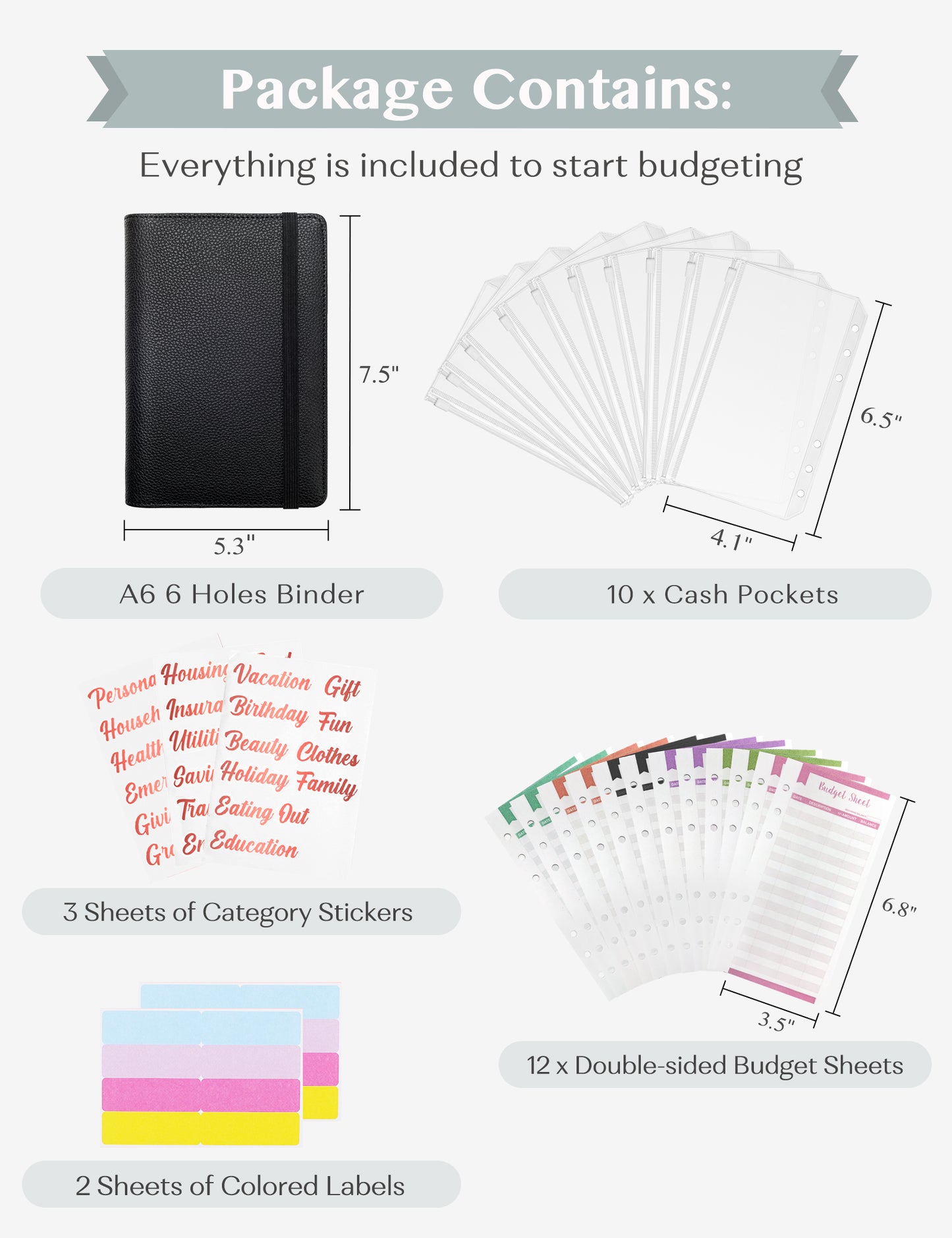 A6 Budget Binder for Money Saving Binder 10 Cash Pockets (Black)