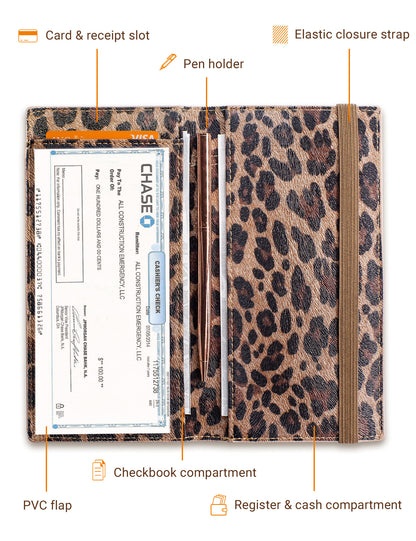 7"x3.5" Dark Leopard Vegan Leather Checkbook Cover