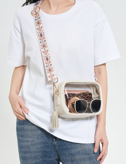 Clear Crossbody Bag with Adjustable Shoulder Strap (White & Boho White Strap)