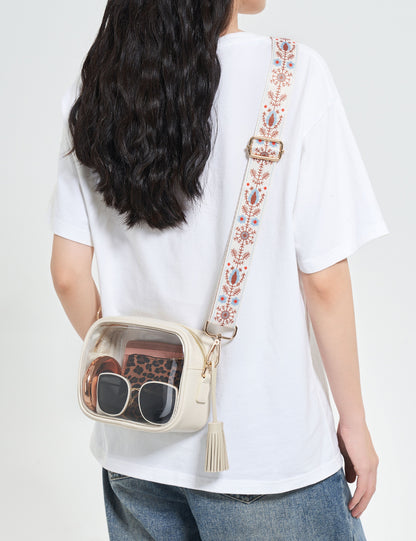 Clear Crossbody Bag with Adjustable Shoulder Strap (White & Boho White Strap)