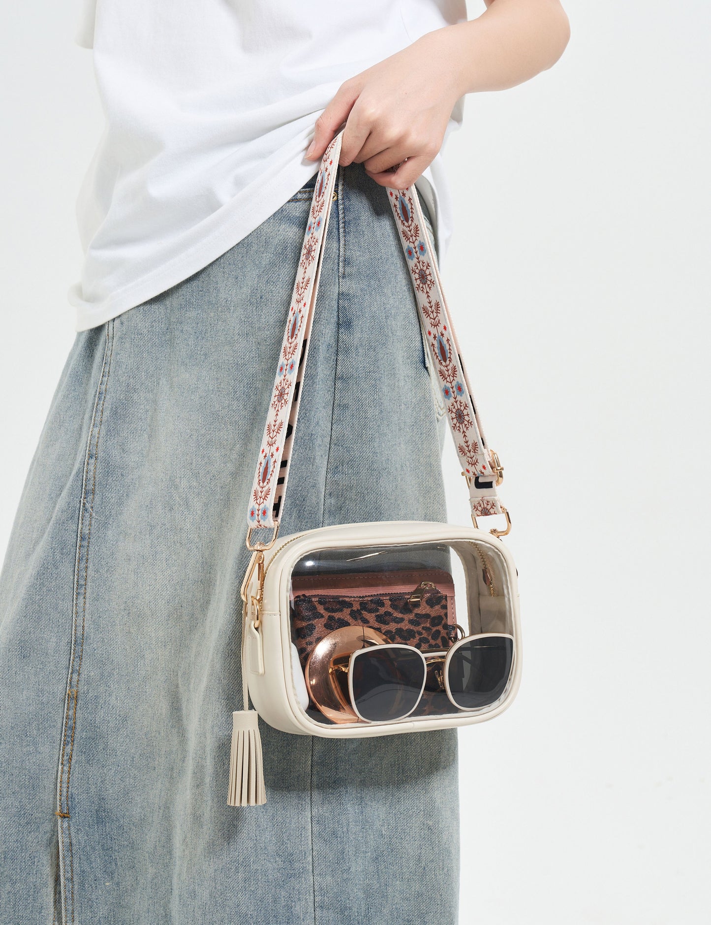 Clear Crossbody Bag with Adjustable Shoulder Strap (White & Boho White Strap)