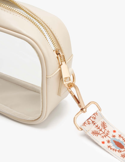 Clear Crossbody Bag with Adjustable Shoulder Strap (White & Boho White Strap)