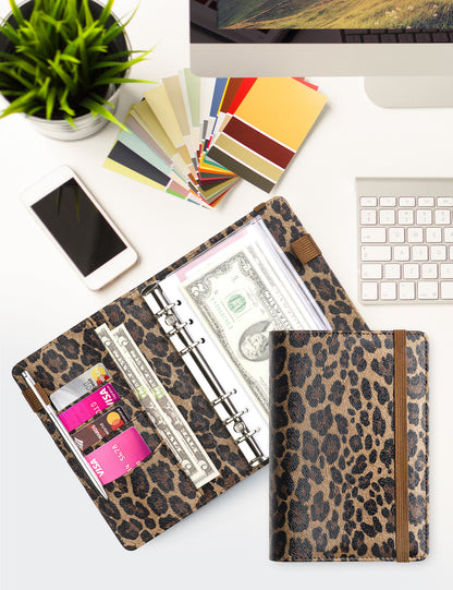 A6 Budget Binder for Money Saving Binder 8 Cash Pockets (Leopard)