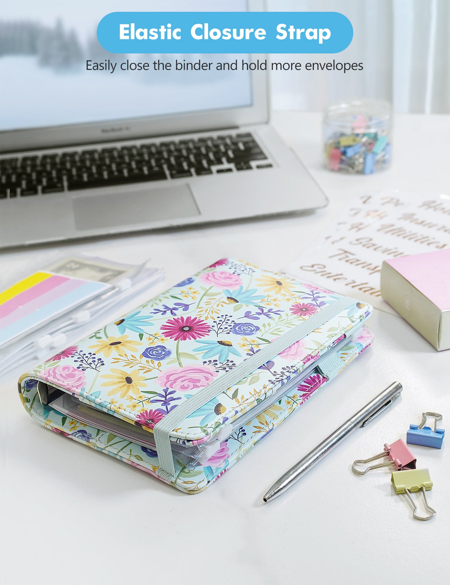 A6 Budget Binder for Money Saving Binder 8 Cash Pockets (Blue Flower)