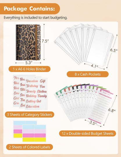 A6 Budget Binder for Money Saving Binder 8 Cash Pockets (Leopard)