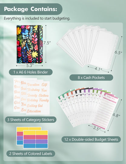 A6 Budget Binder for Money Saving Binder 8 Cash Pockets (Floral)