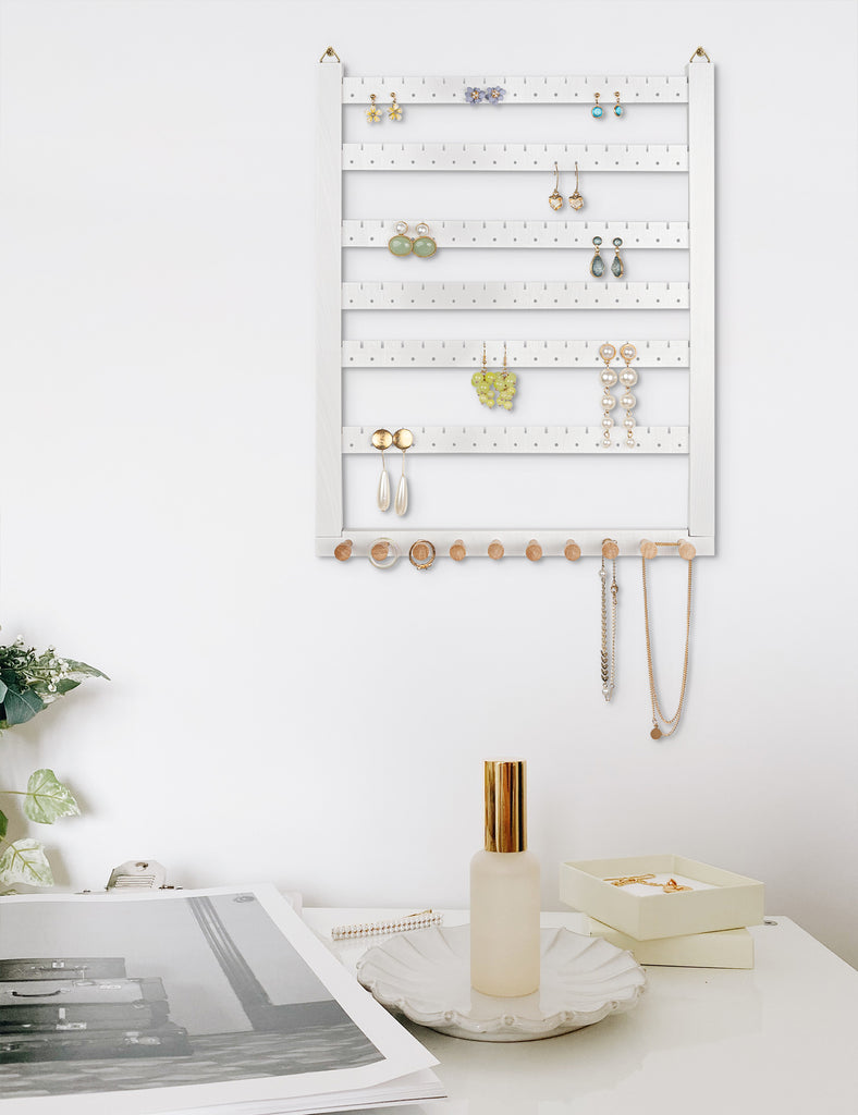Large White Vertical Jewelry Storage.wooden Wall Mount Case. Jewelry  Display. Jewelry Organizer. Earrings Display. 