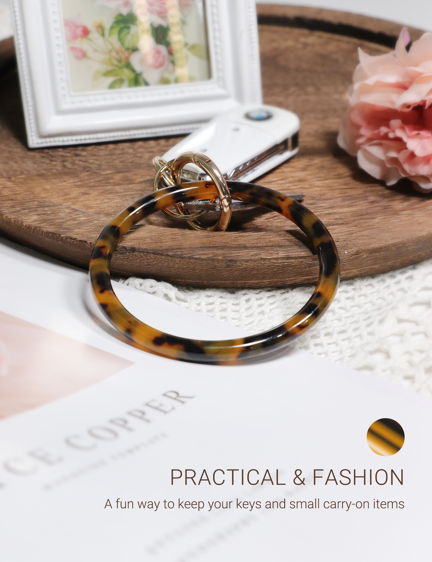 2.9" Acetate Round Key Ring Bracelet (Classic Tortoise)