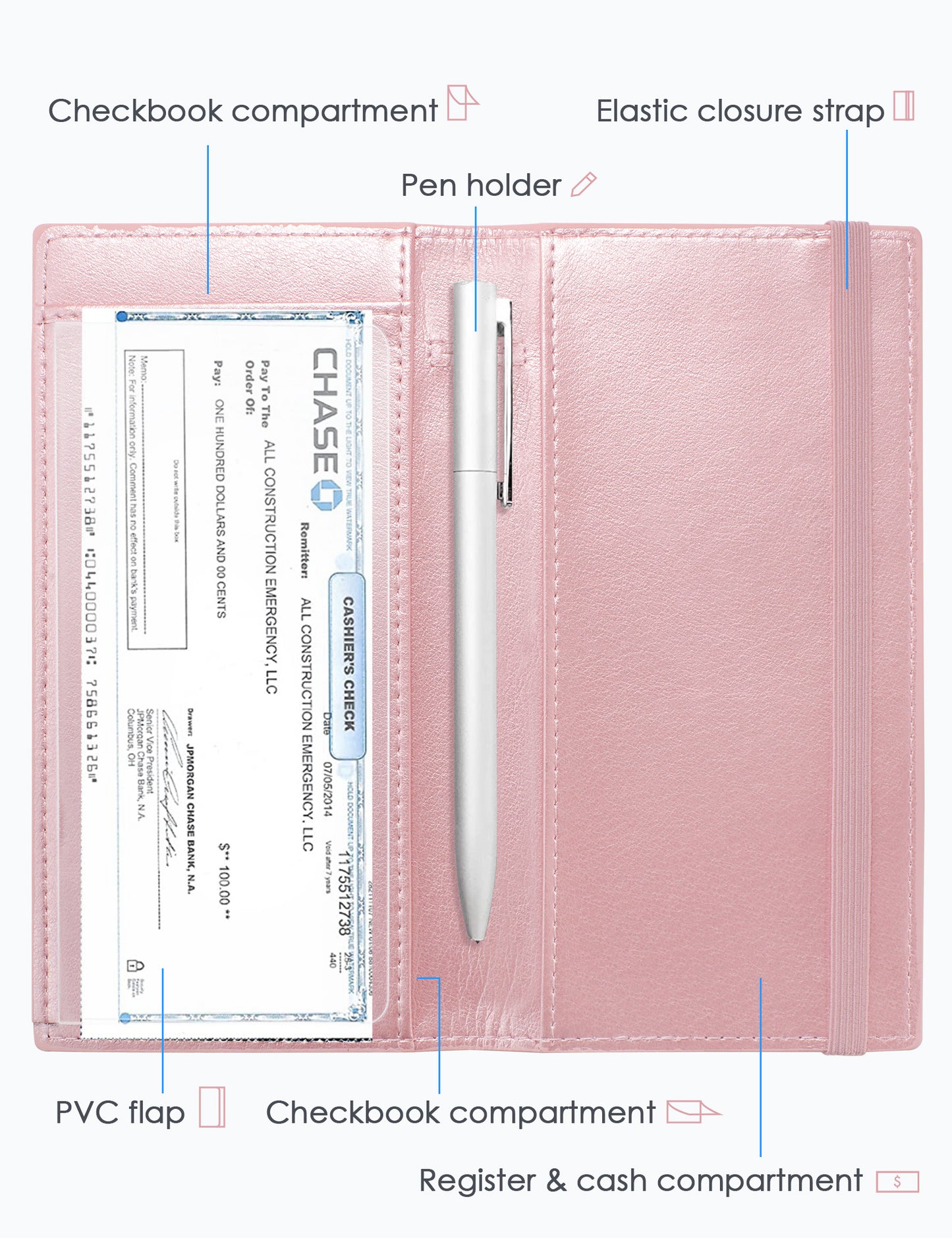 7"x3.5" Pink Vegan Leather Checkbook Cover