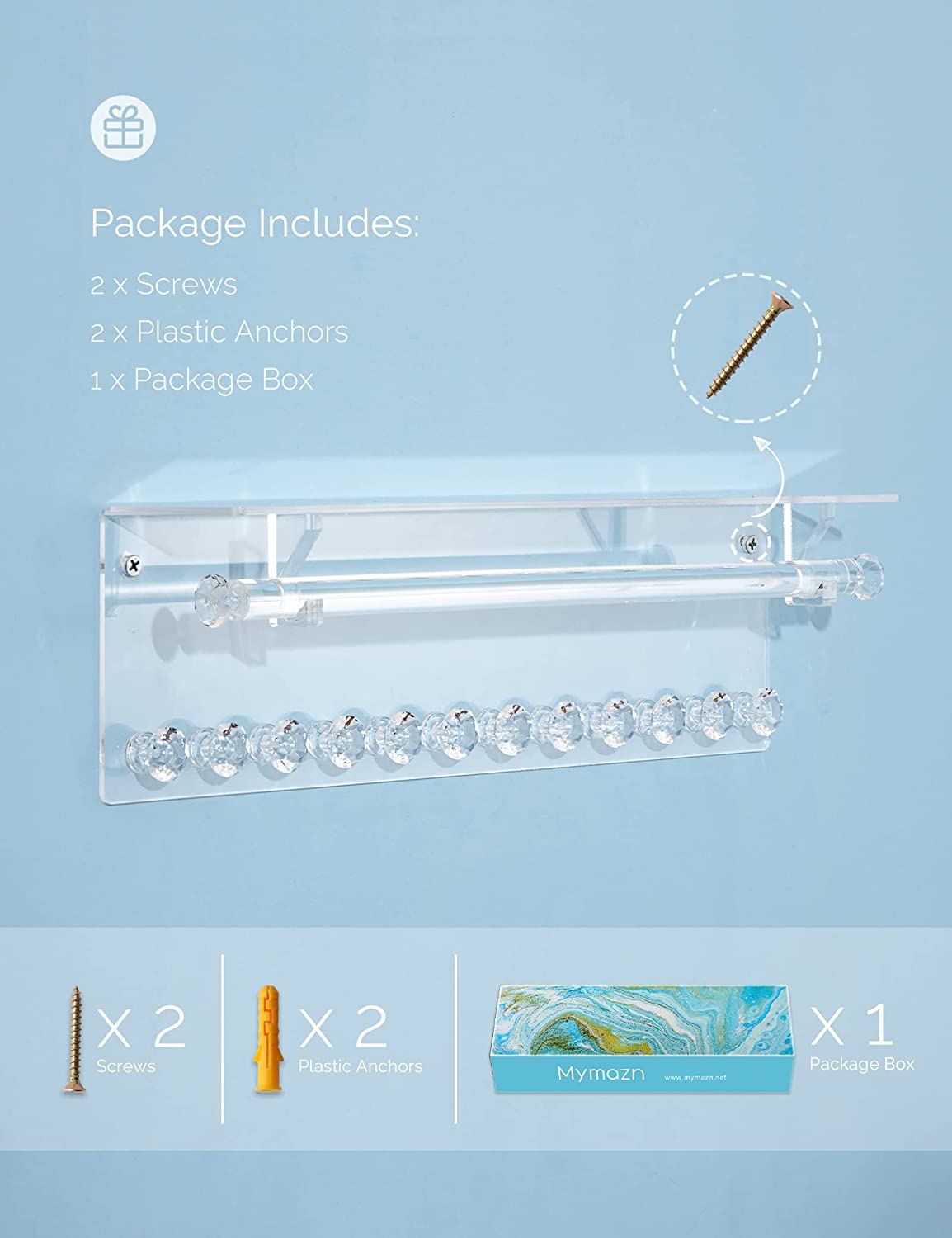 Acrylic Necklace Holder with Shelf &12 Hooks & Rod