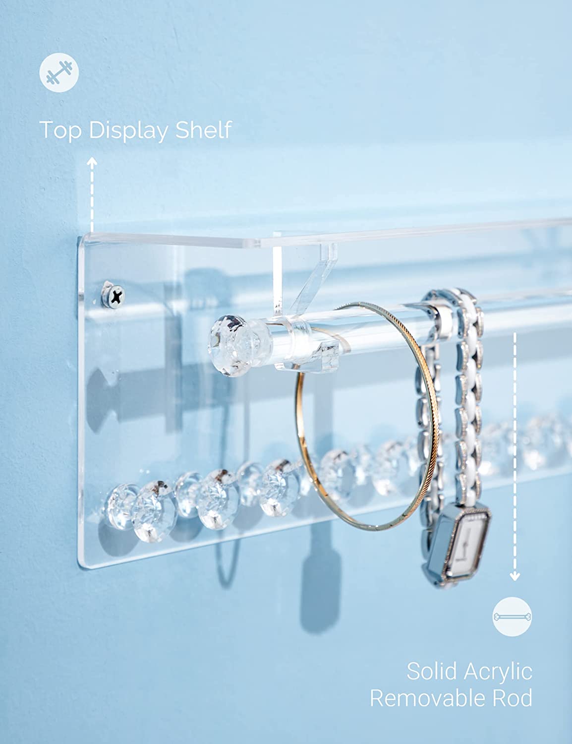 Acrylic Necklace Holder with Shelf &12 Hooks & Rod