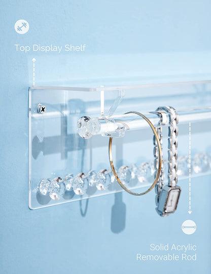 Acrylic Necklace Holder with Shelf &12 Hooks & Rod