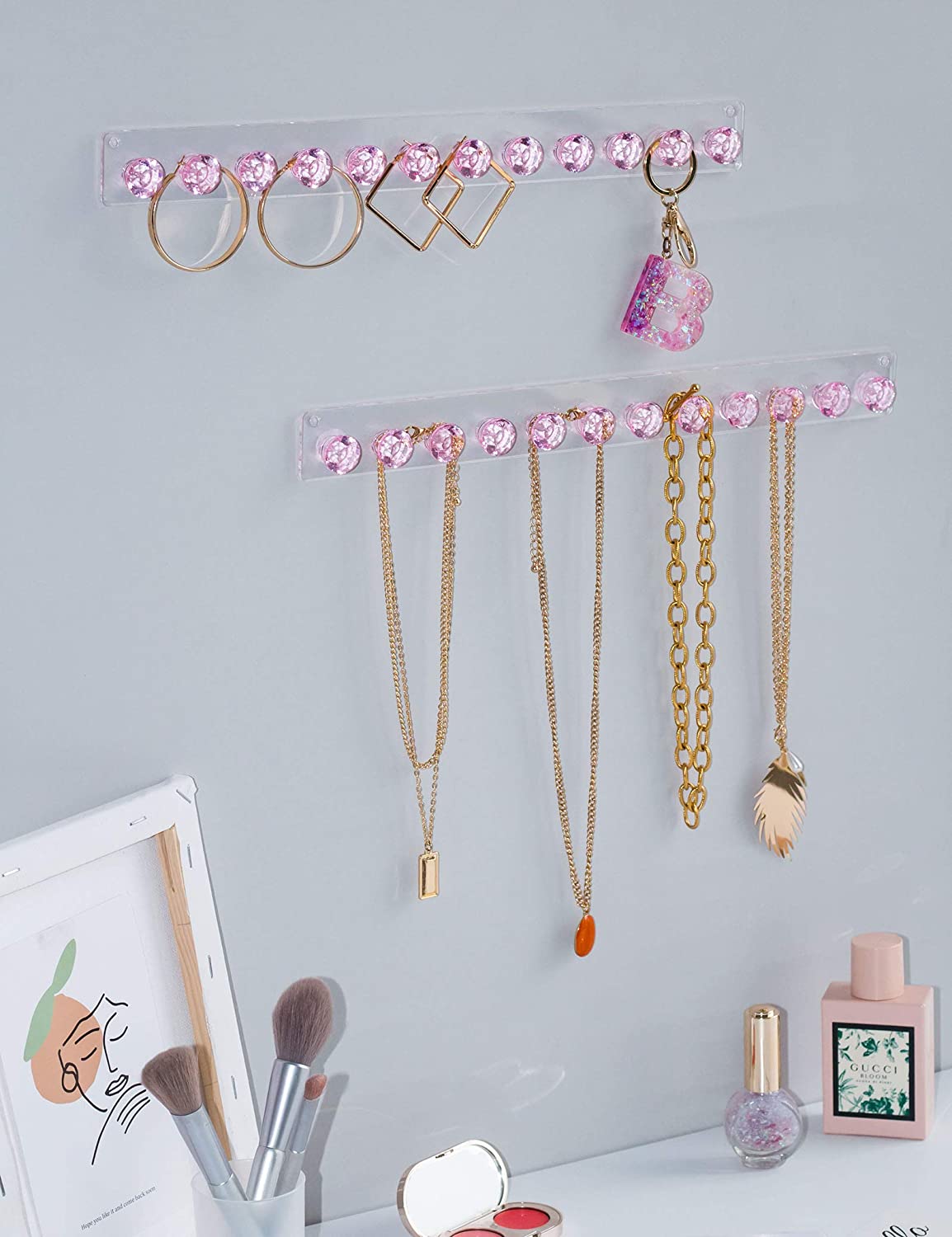 Necklace Holder Hanger Diamond Hooks (Pink)