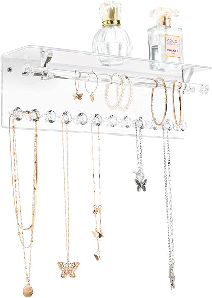 Acrylic Necklace Holder with Shelf &12 Hooks & Rod