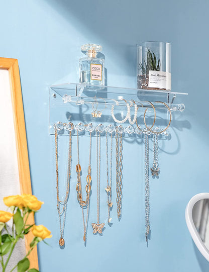 Acrylic Necklace Holder with Shelf &12 Hooks & Rod