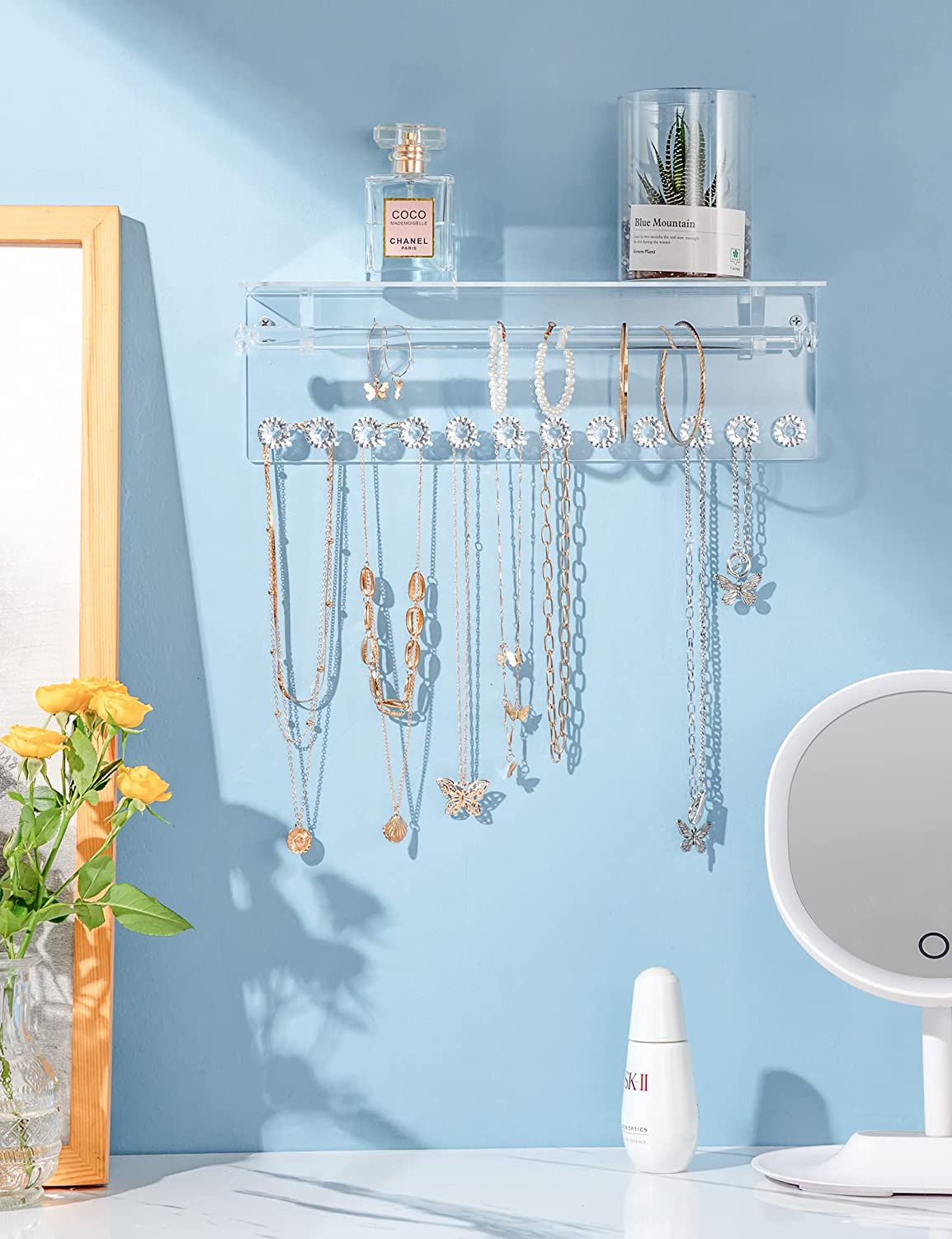 Acrylic Necklace Holder with Shelf &12 Hooks & Rod