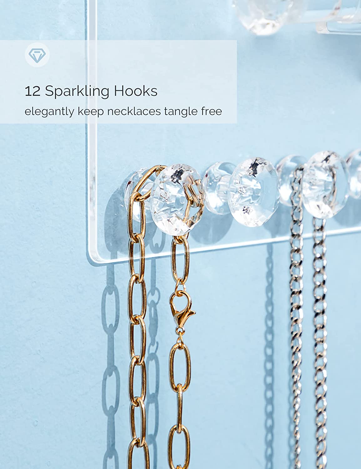 Acrylic Necklace Holder with Shelf &12 Hooks & Rod