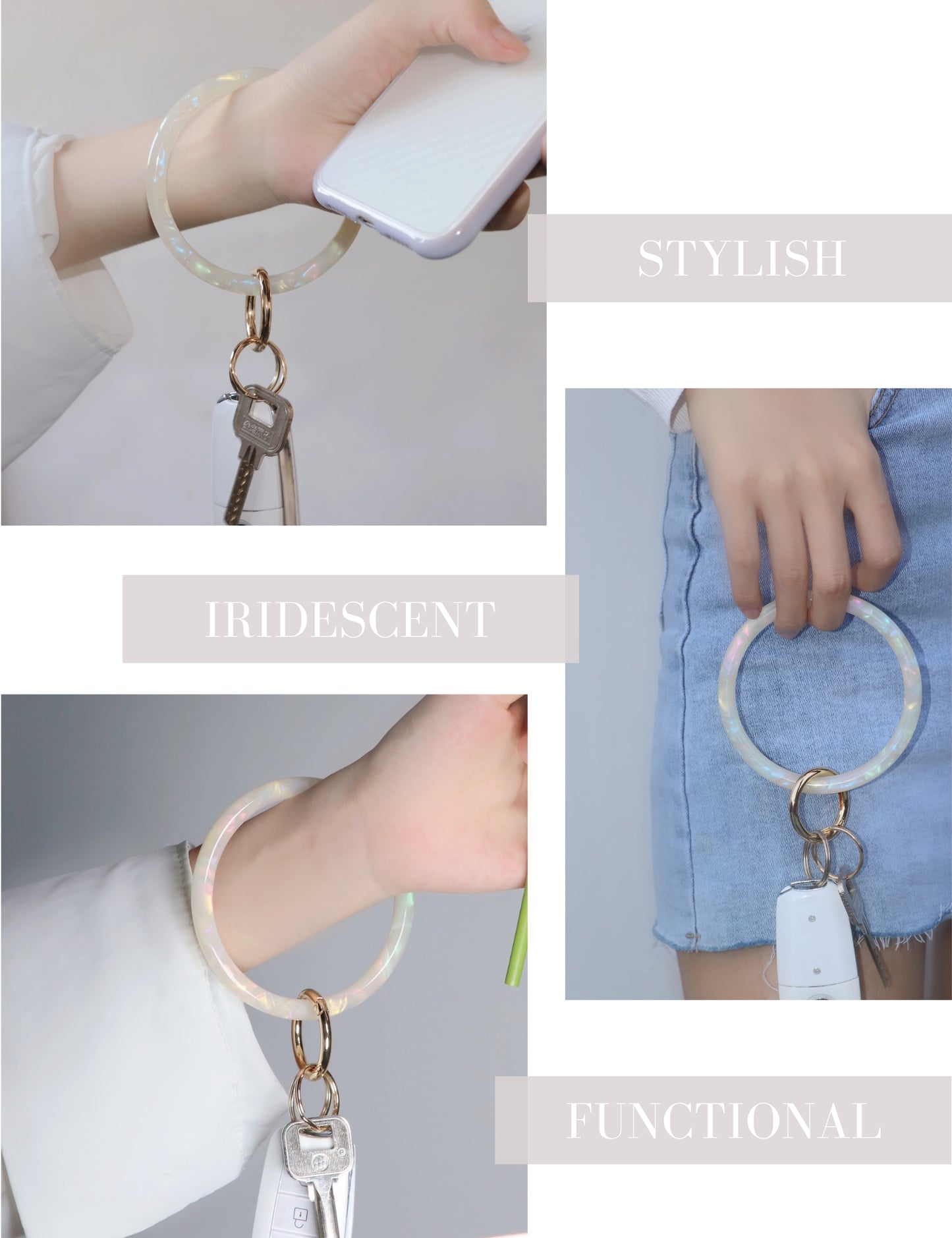 2.9" Acetate Round Key Ring Bracelet (Iridescent White)